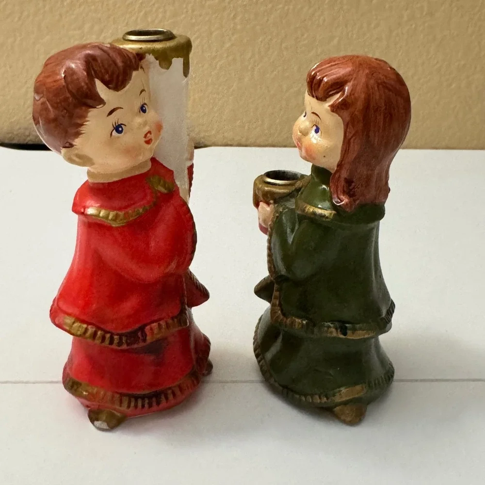 Vintage Star Japan Christmas Choir Boy Girl Candle Holders  Hand Painted 1950's